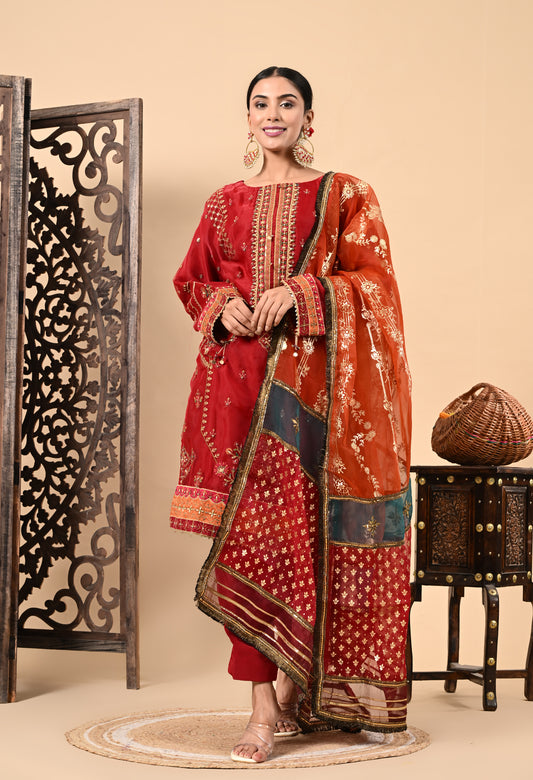 Dark Orange Kurta Set with Zardozi, Dabka, Sequence, and Thread Work