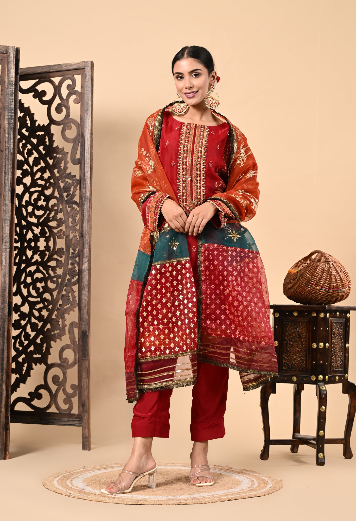 Dark Orange Kurta Set with Zardozi, Dabka, Sequence, and Thread Work