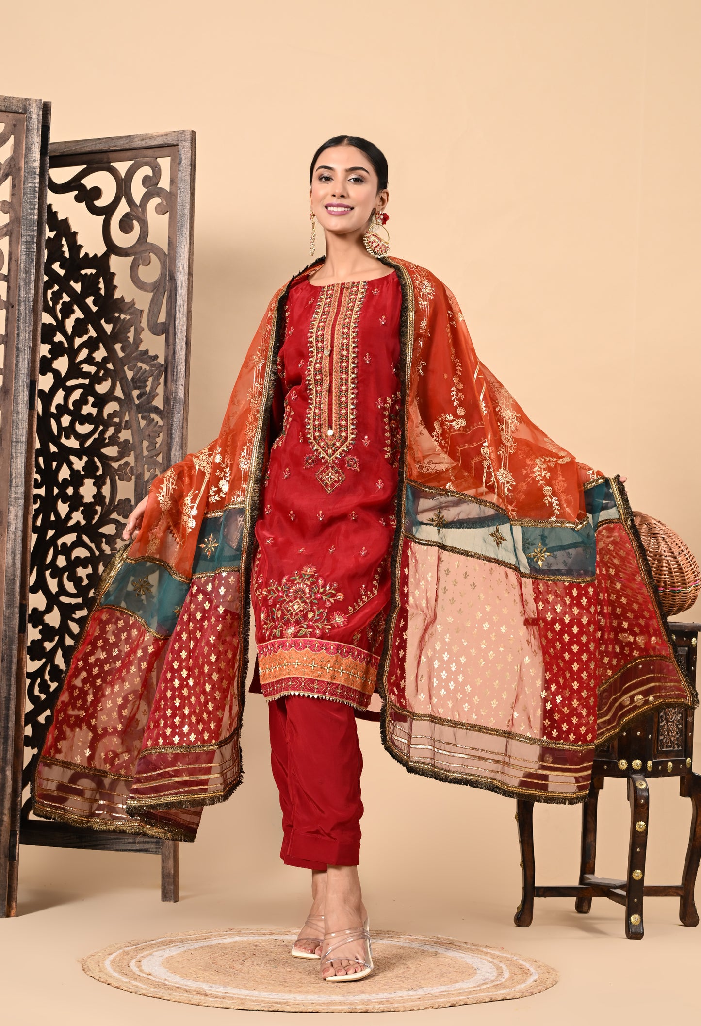 Dark Orange Kurta Set with Zardozi, Dabka, Sequence, and Thread Work