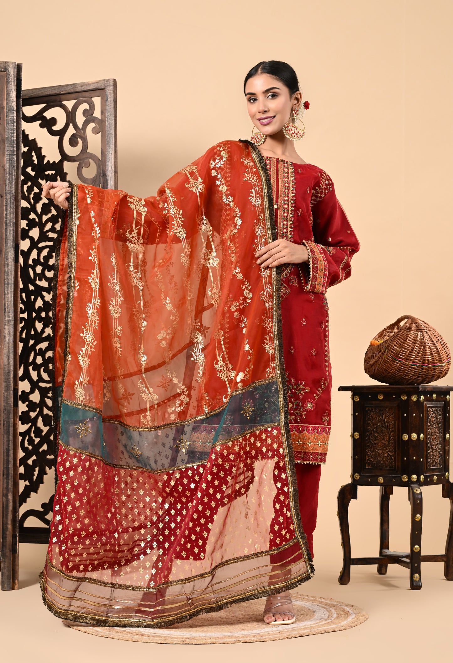 Dark Orange Kurta Set with Zardozi, Dabka, Sequence, and Thread Work