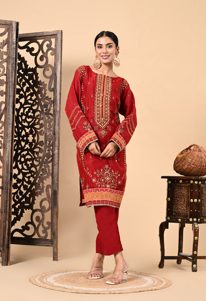 Dark Orange Kurta Set with Zardozi, Dabka, Sequence, and Thread Work