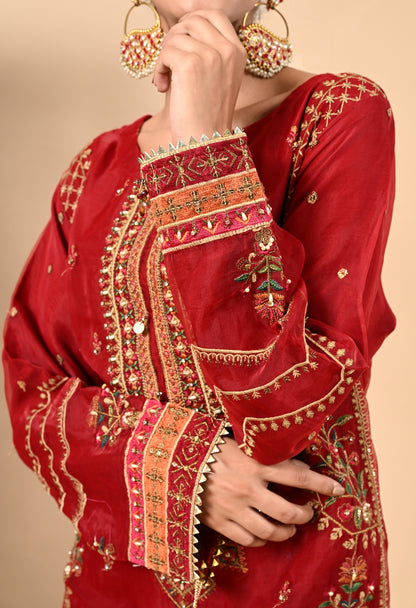 Dark Orange Kurta Set with Zardozi, Dabka, Sequence, and Thread Work