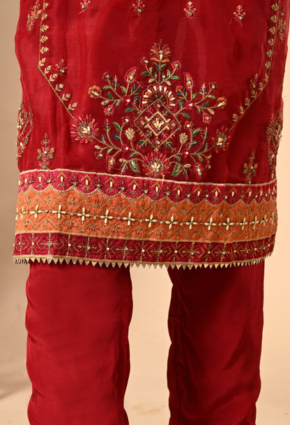 Dark Orange Kurta Set with Zardozi, Dabka, Sequence, and Thread Work