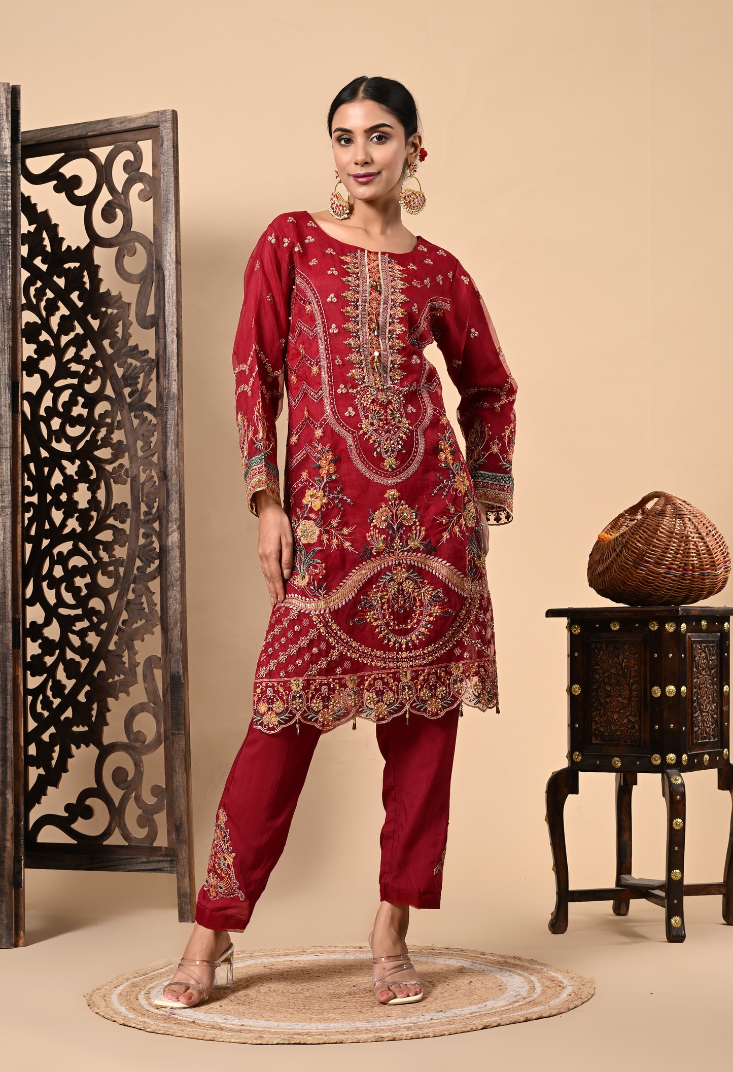 Dark Maroon Kurta Set with Zardozi, Dabka, Sequence, and Thread Work