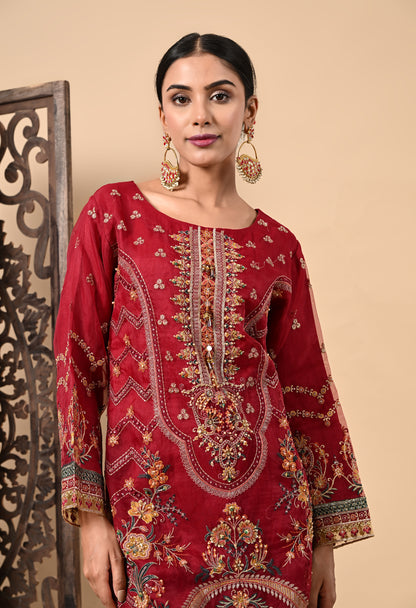 Dark Maroon Kurta Set with Zardozi, Dabka, Sequence, and Thread Work