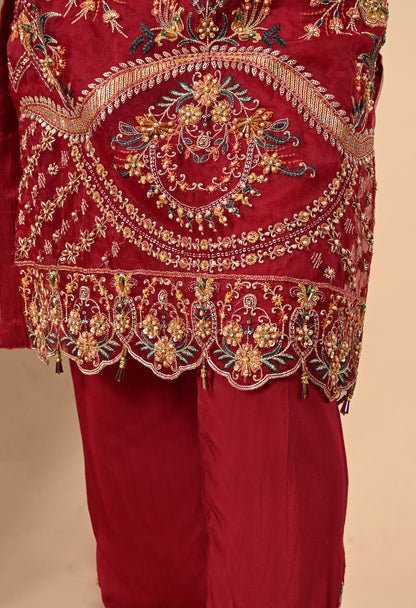 Dark Maroon Kurta Set with Zardozi, Dabka, Sequence, and Thread Work