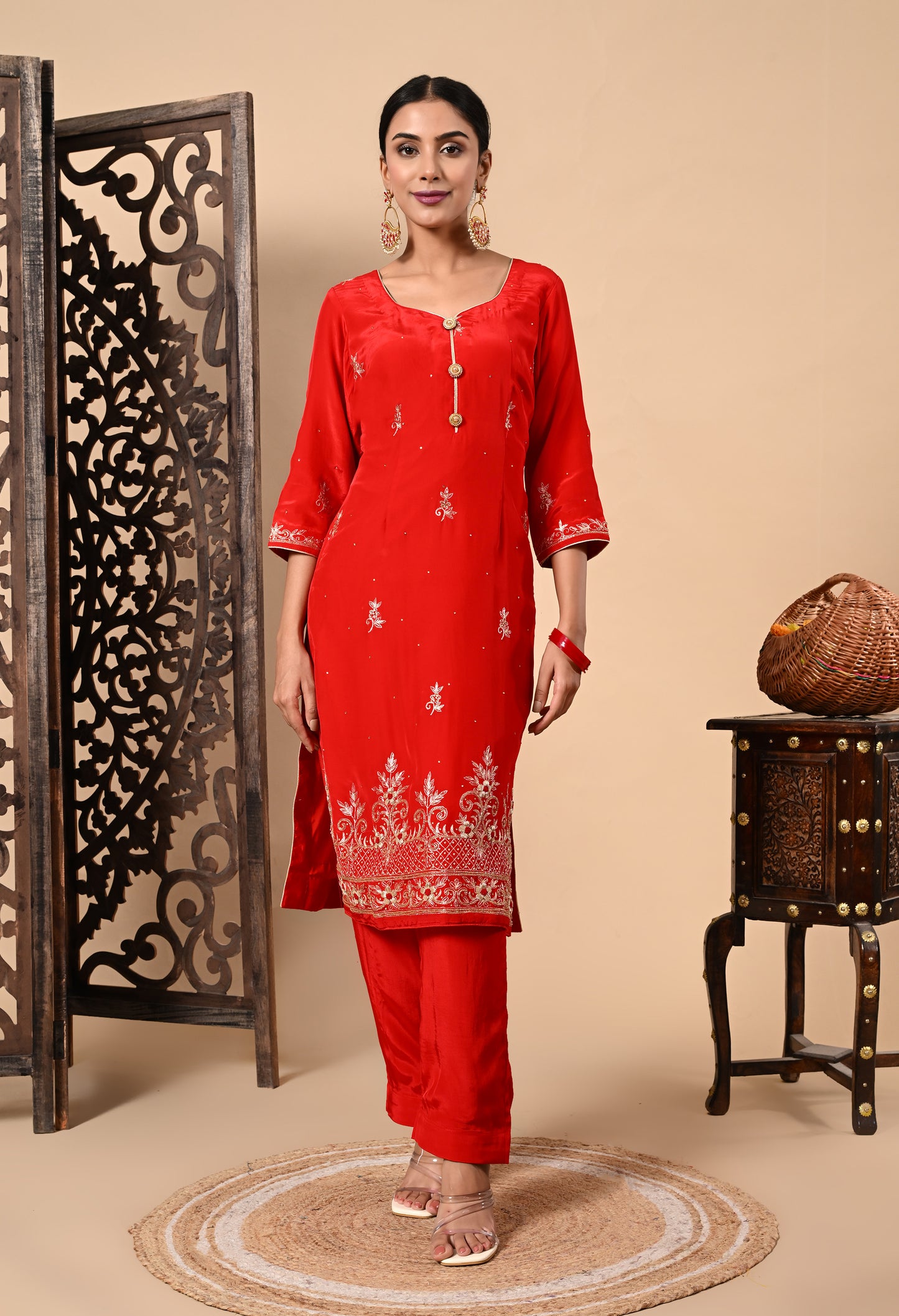 Graceful Red Kurta Set with Zardozi, Dabka, and Sequence Work