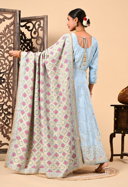 Light Blue Anarkali Set with Zardozi, Dabka, and Sequence