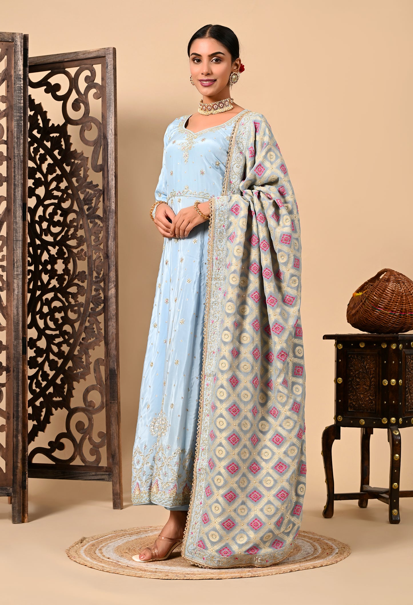 Light Blue Anarkali Set with Zardozi, Dabka, and Sequence