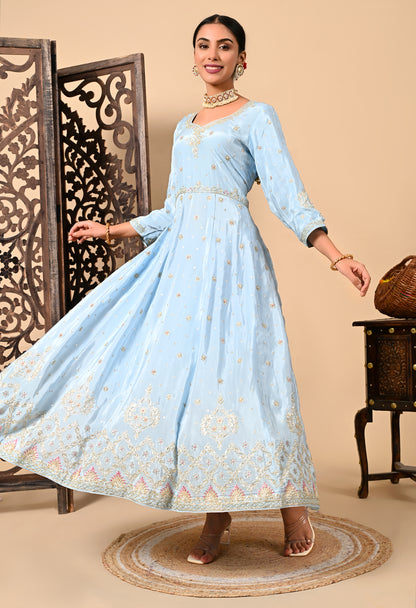 Light Blue Anarkali Set with Zardozi, Dabka, and Sequence