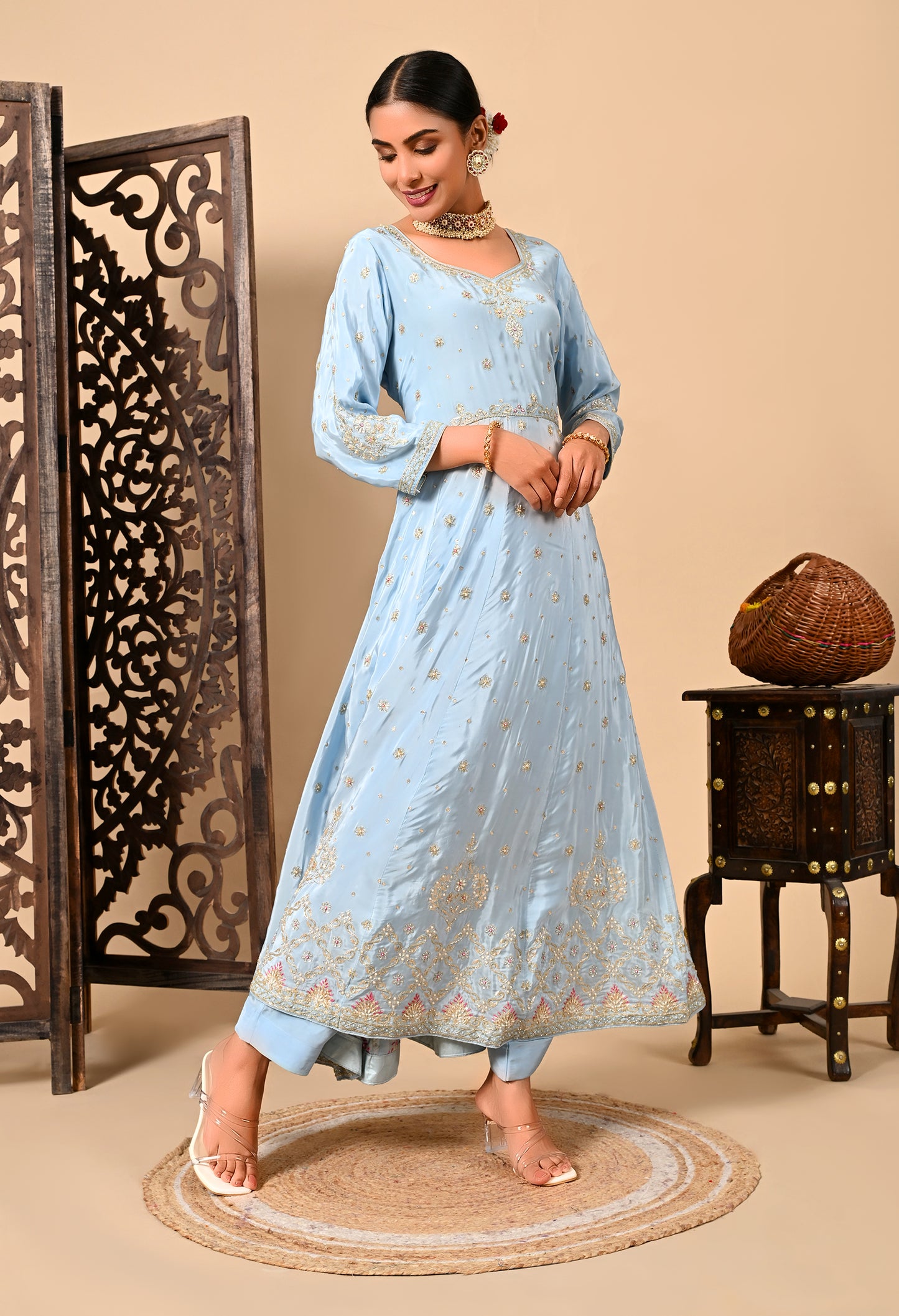 Light Blue Anarkali Set with Zardozi, Dabka, and Sequence