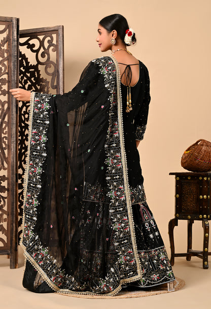 Graceful Dark Black Sharara Set with Excellent Work and Embroidery