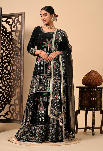 Graceful Dark Black Sharara Set with Excellent Work and Embroidery