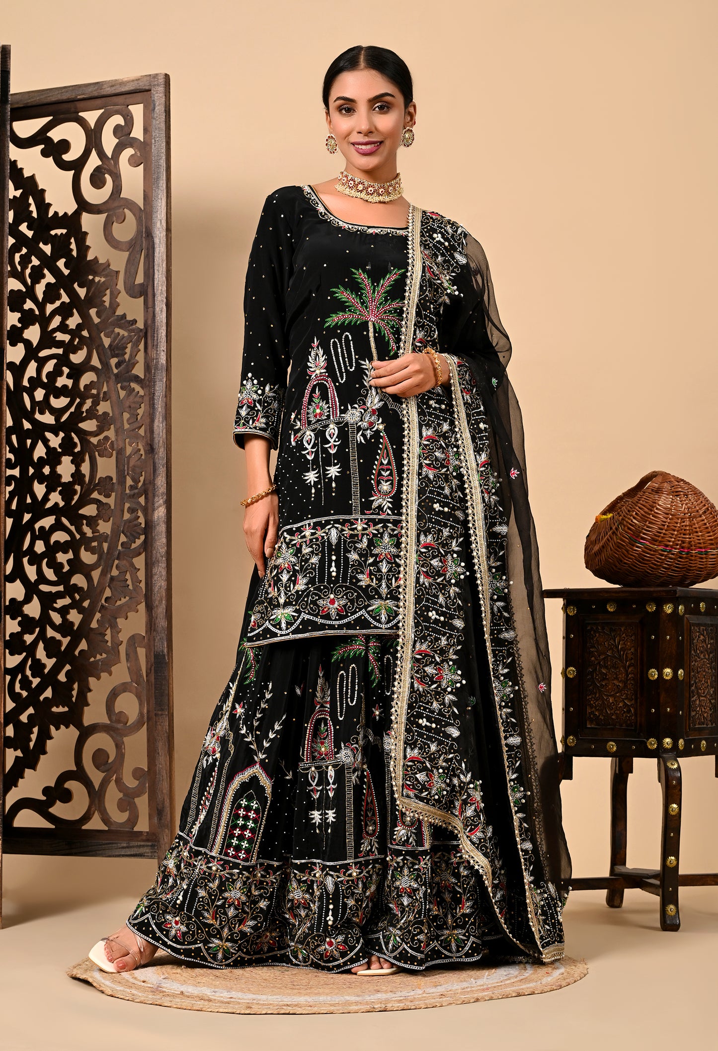 Graceful Dark Black Sharara Set with Excellent Work and Embroidery