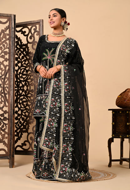 Graceful Dark Black Sharara Set with Excellent Work and Embroidery