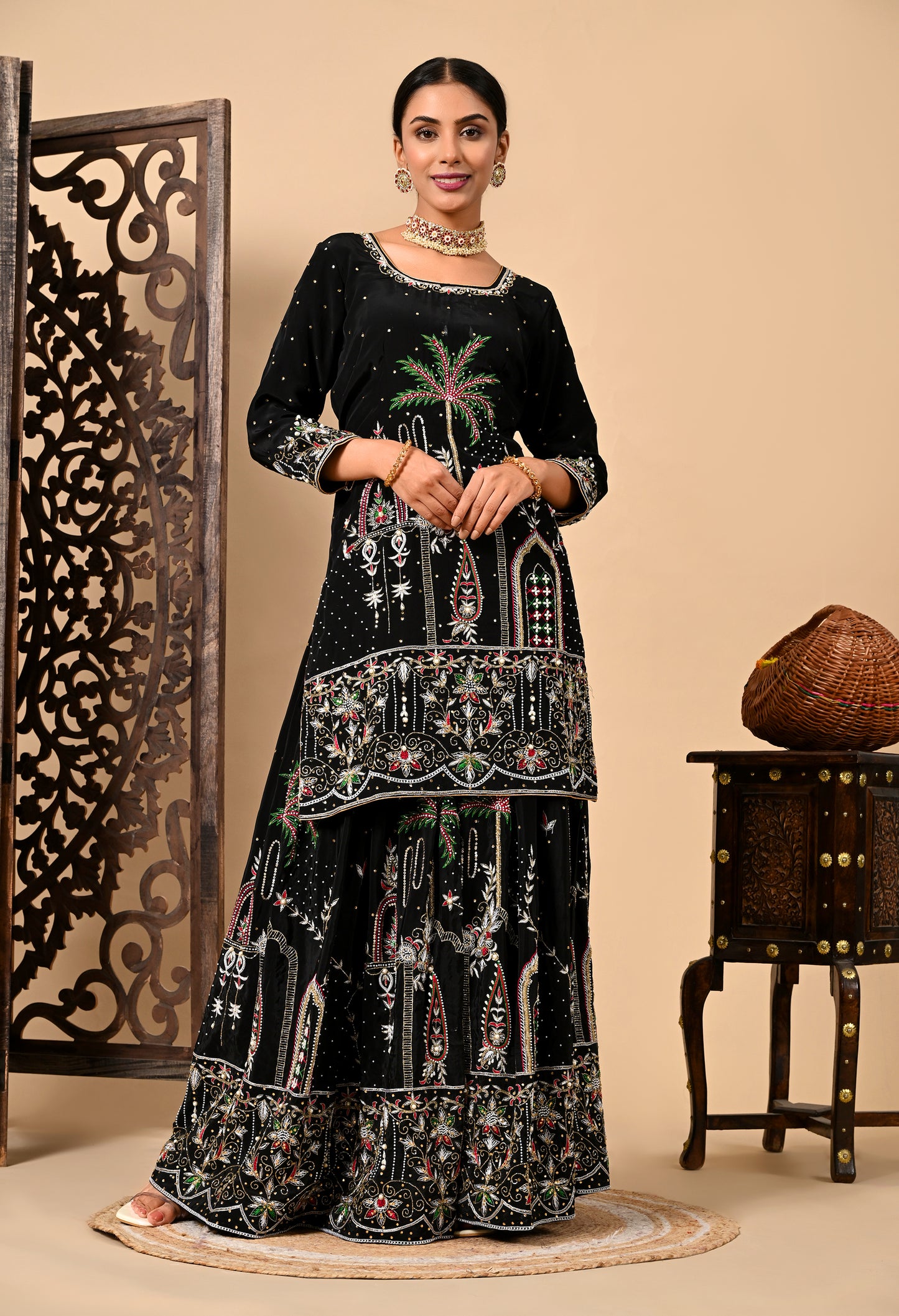 Graceful Dark Black Sharara Set with Excellent Work and Embroidery