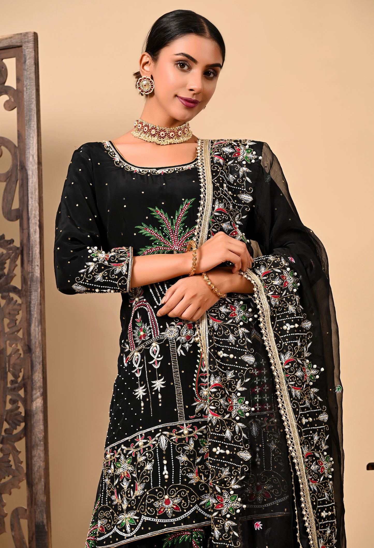 Graceful Dark Black Sharara Set with Excellent Work and Embroidery