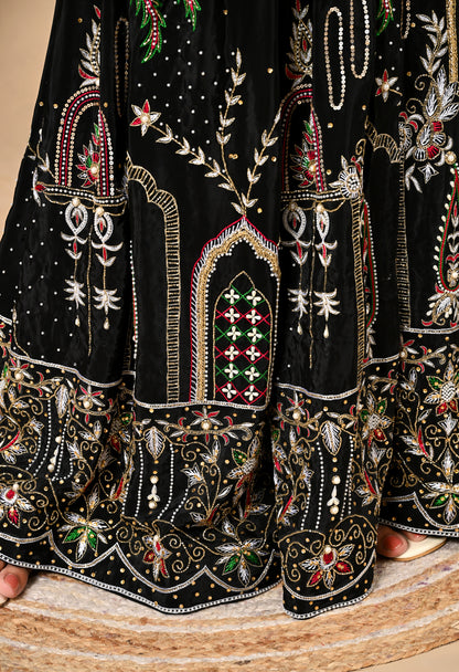 Graceful Dark Black Sharara Set with Excellent Work and Embroidery