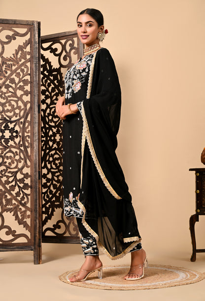 Dark Black Kurta Set with Thread and Zardozi Work