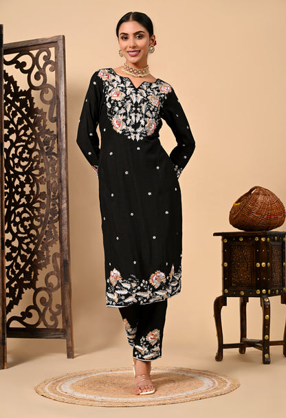 Dark Black Kurta Set with Thread and Zardozi Work