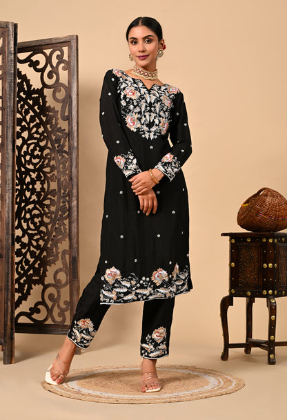 Dark Black Kurta Set with Thread and Zardozi Work