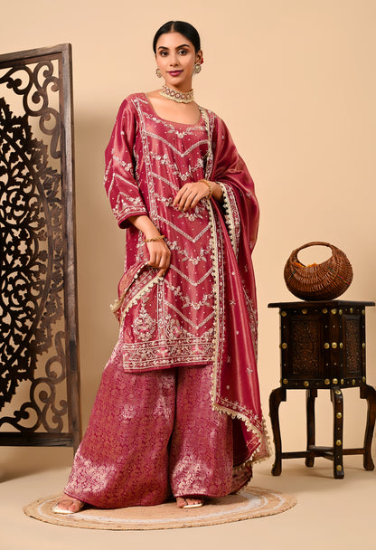 Light Wine Sharara Set with Zardozi, Dabka, and Sequence