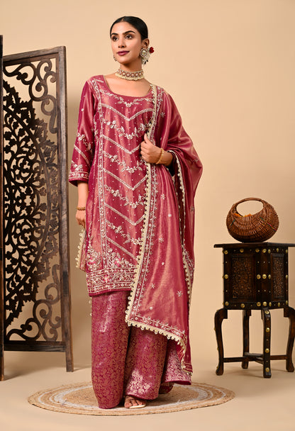 Light Wine Sharara Set with Zardozi, Dabka, and Sequence