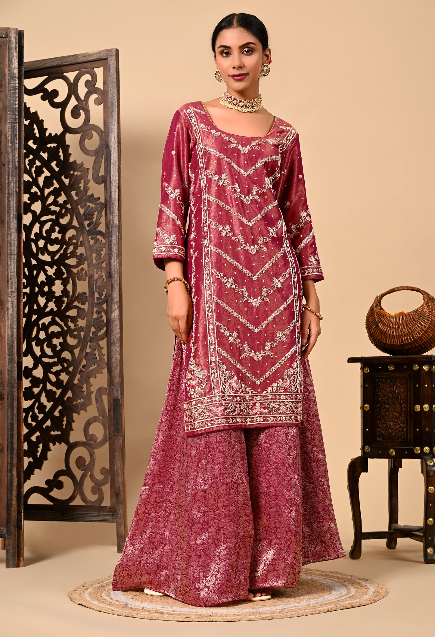 Light Wine Sharara Set with Zardozi, Dabka, and Sequence