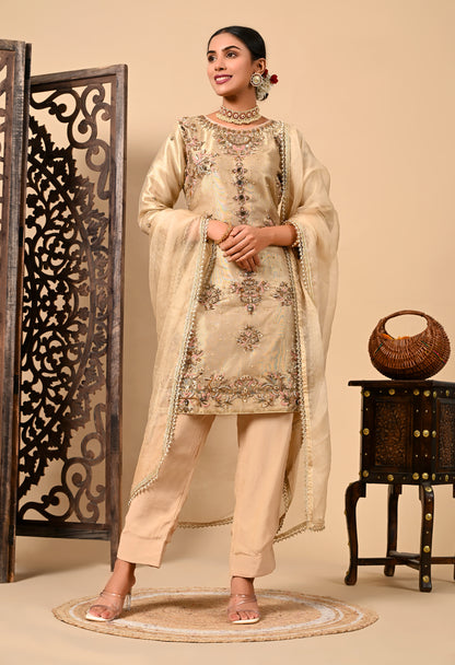 Golden Kurta Set with Zardozi, Dabka, Pearl, and Organza Applique Work