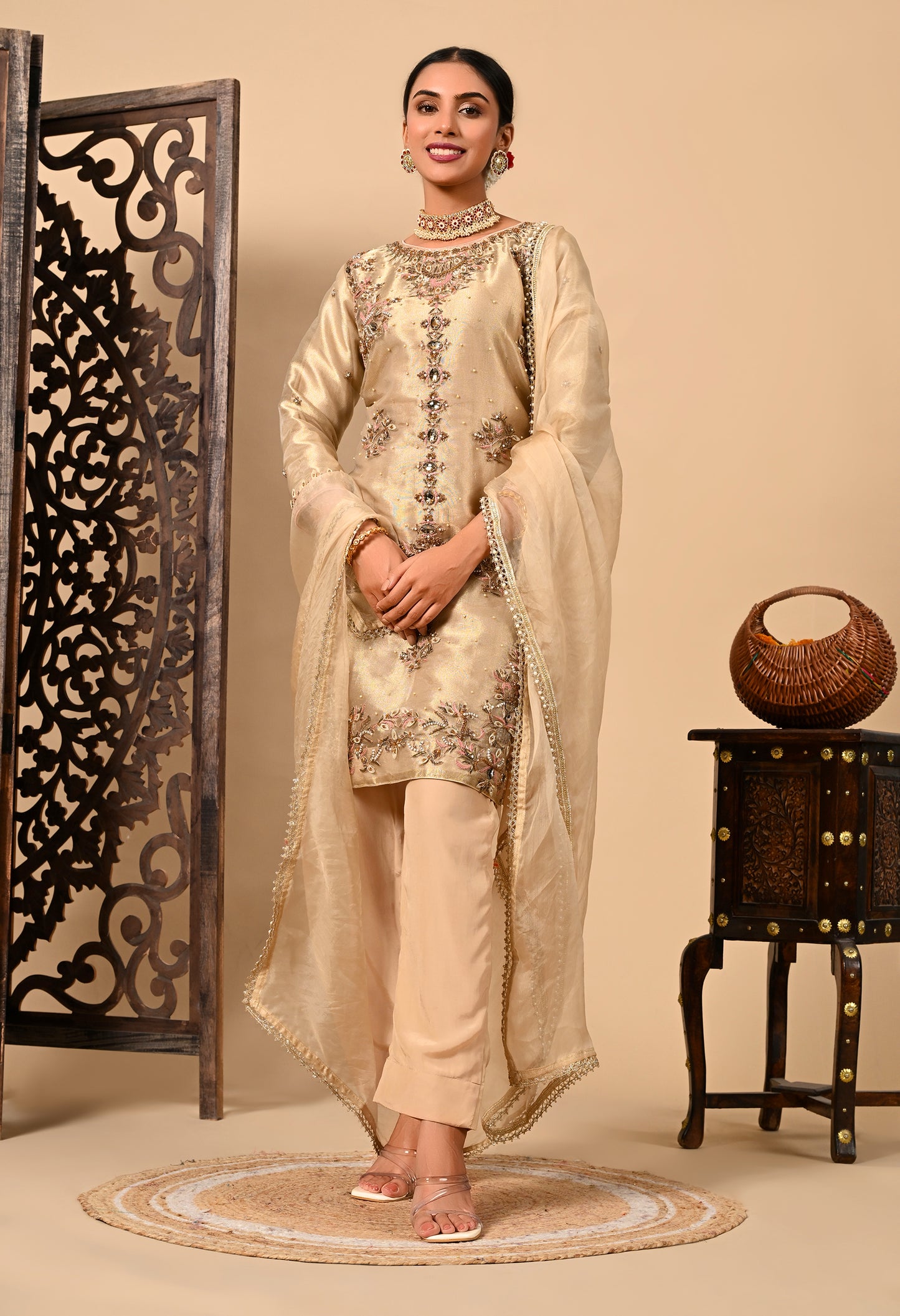 Golden Kurta Set with Zardozi, Dabka, Pearl, and Organza Applique Work