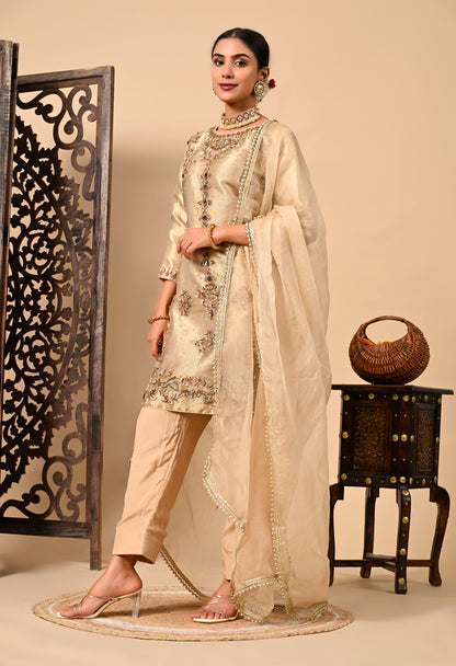 Golden Kurta Set with Zardozi, Dabka, Pearl, and Organza Applique Work