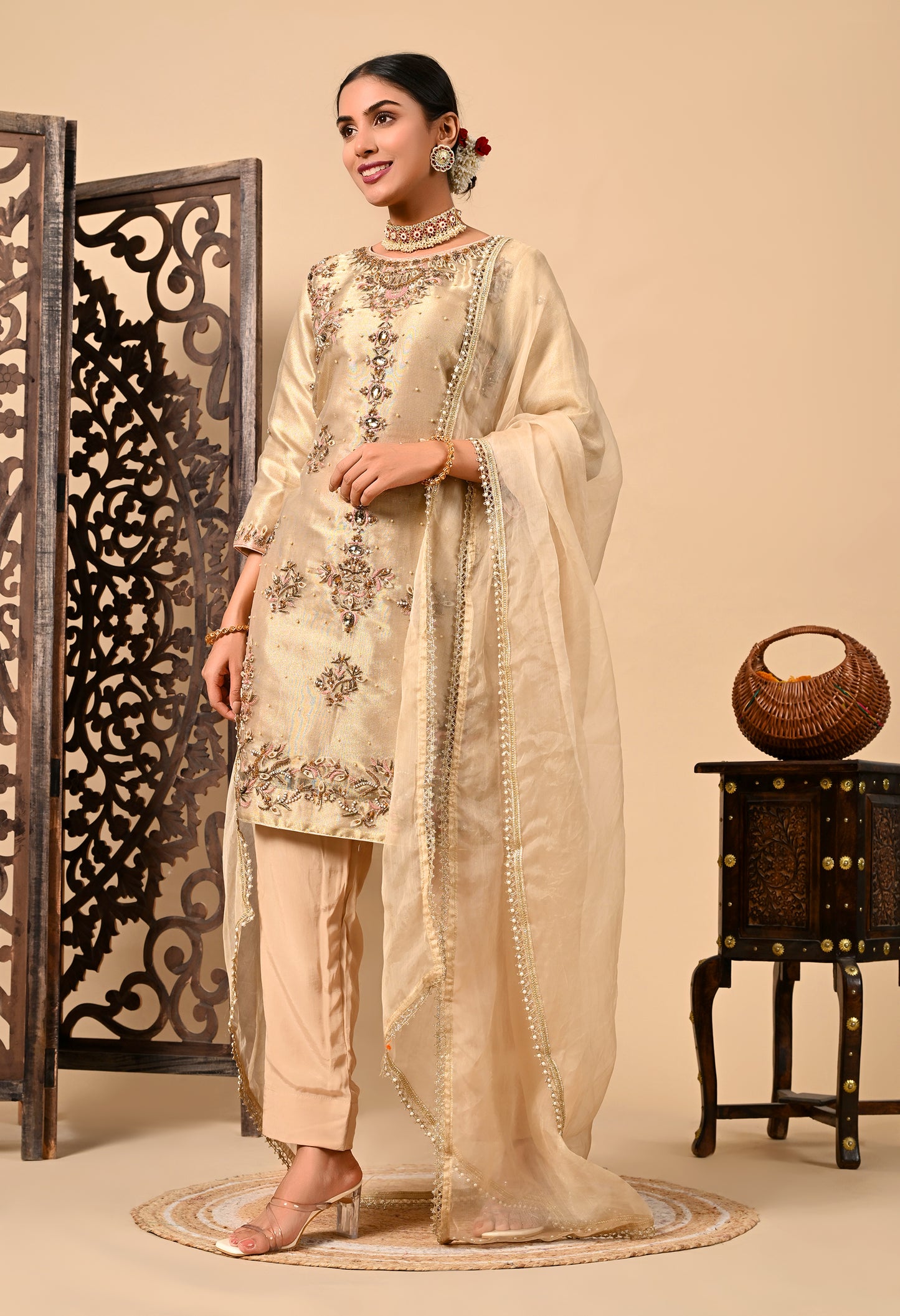 Golden Kurta Set with Zardozi, Dabka, Pearl, and Organza Applique Work