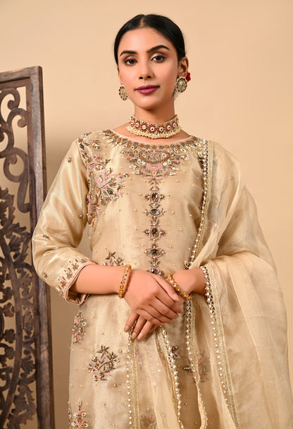 Golden Kurta Set with Zardozi, Dabka, Pearl, and Organza Applique Work