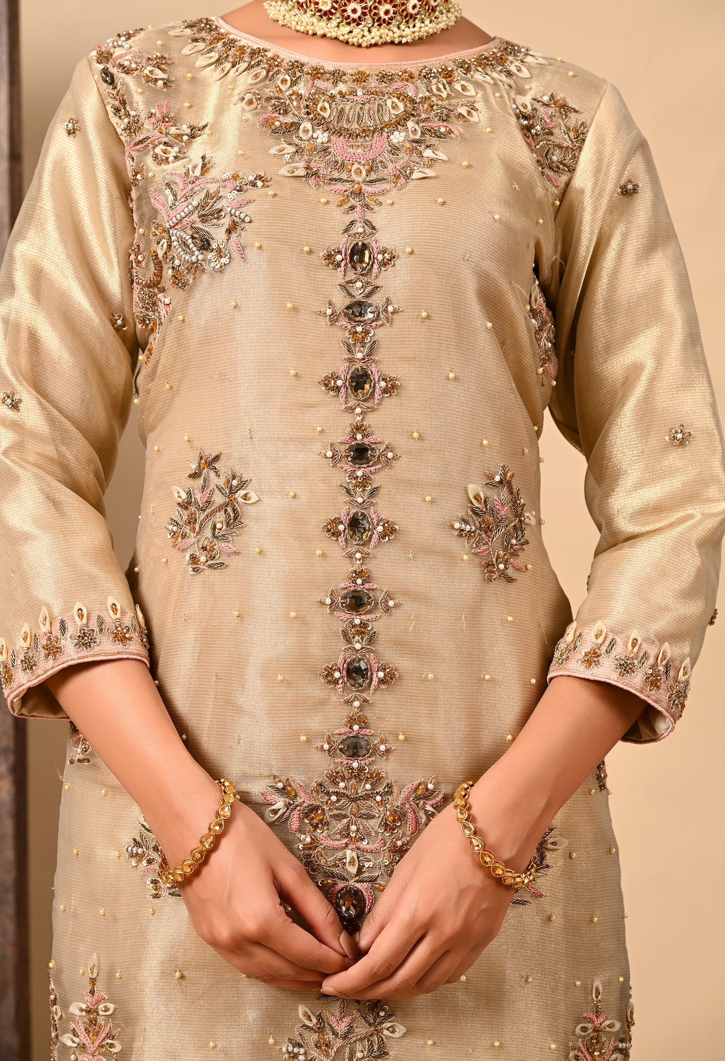 Golden Kurta Set with Zardozi, Dabka, Pearl, and Organza Applique Work