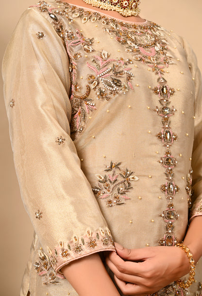 Golden Kurta Set with Zardozi, Dabka, Pearl, and Organza Applique Work