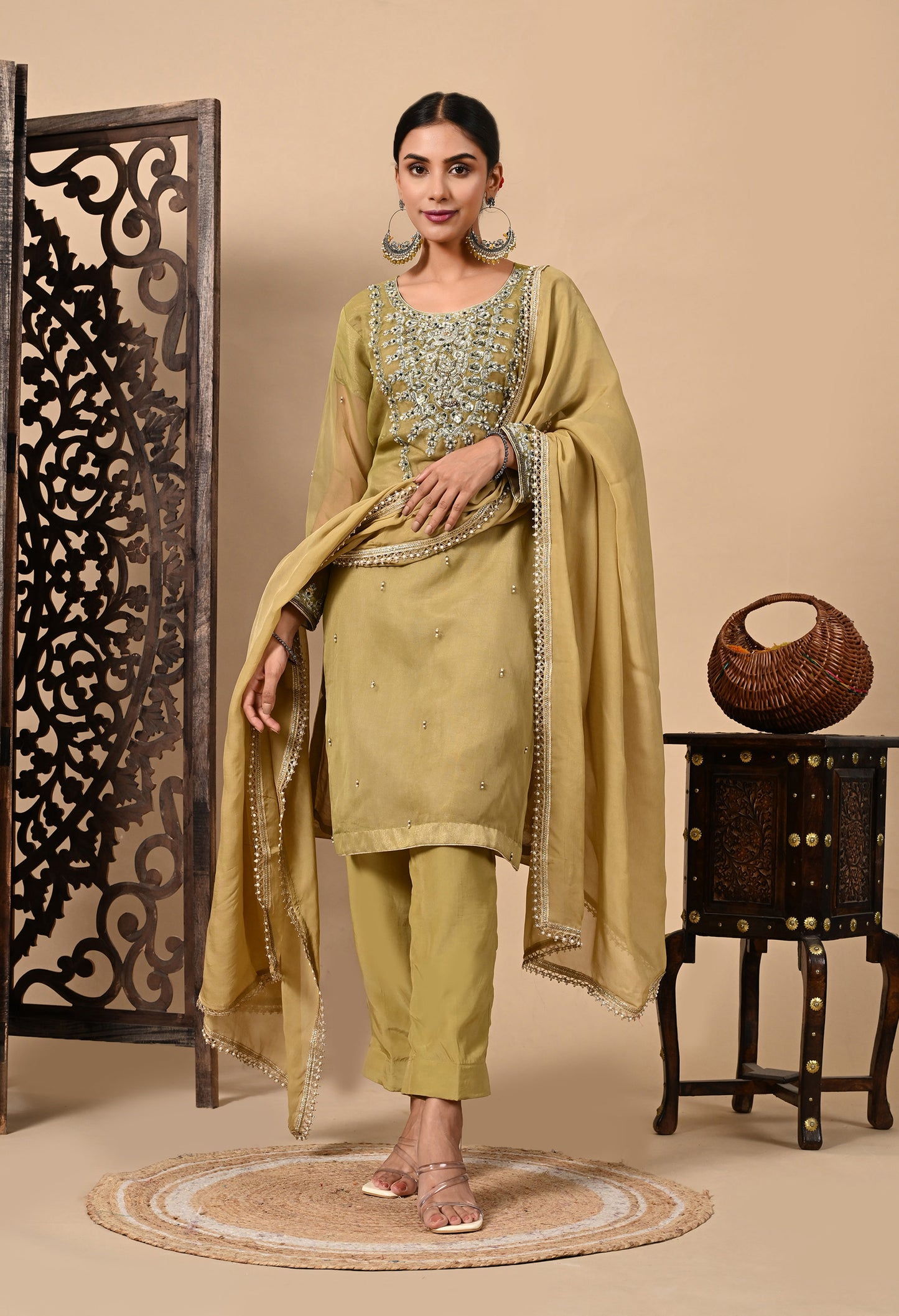 Mehndi Green Kurta Set with Beautiful Zardozi, Dabka, and Sequence Work