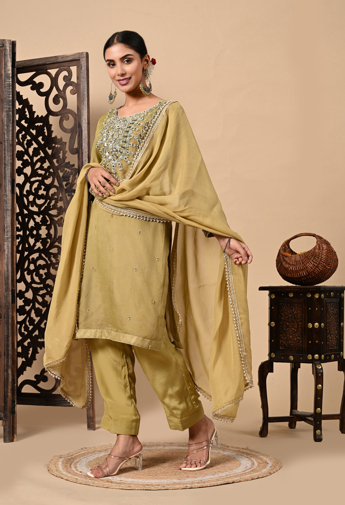 Mehndi Green Kurta Set with Beautiful Zardozi, Dabka, and Sequence Work