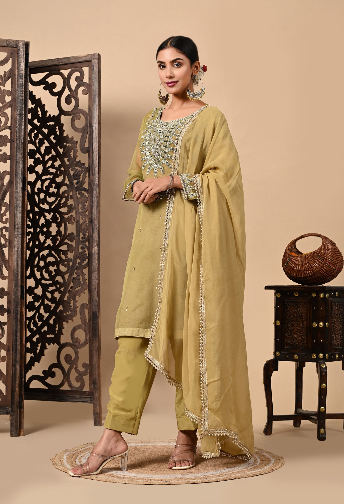 Mehndi Green Kurta Set with Beautiful Zardozi, Dabka, and Sequence Work