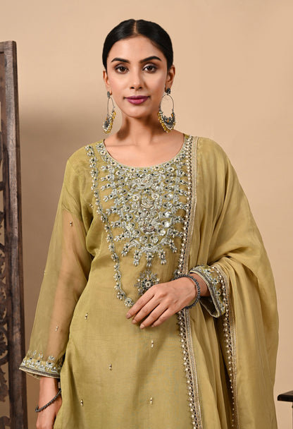 Mehndi Green Kurta Set with Beautiful Zardozi, Dabka, and Sequence Work