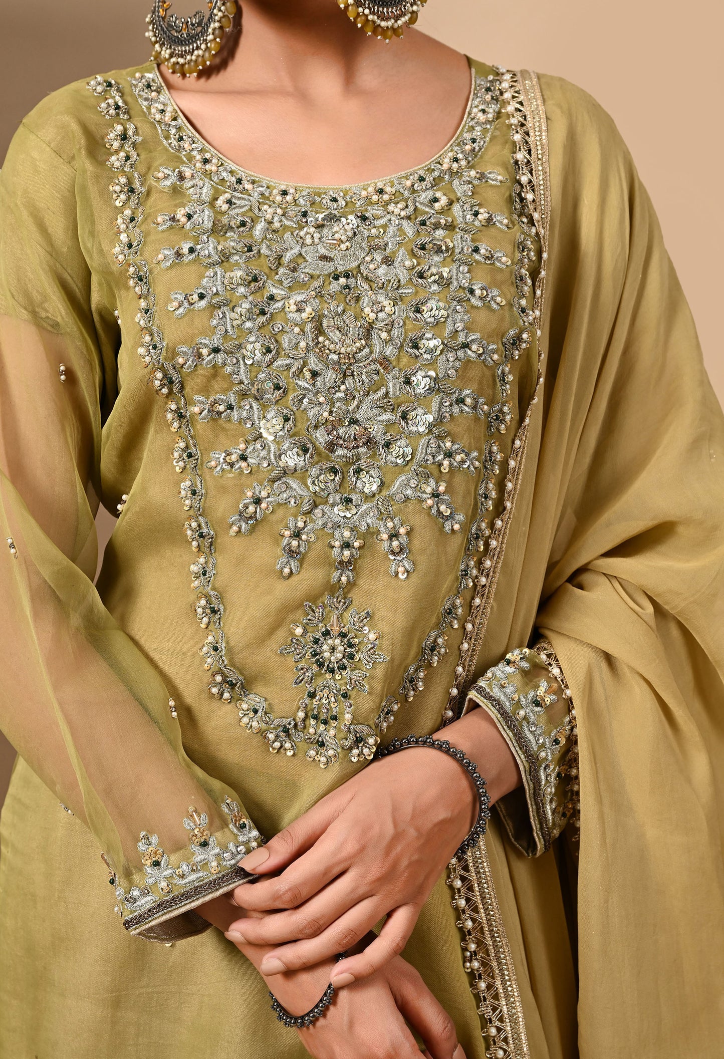 Mehndi Green Kurta Set with Beautiful Zardozi, Dabka, and Sequence Work