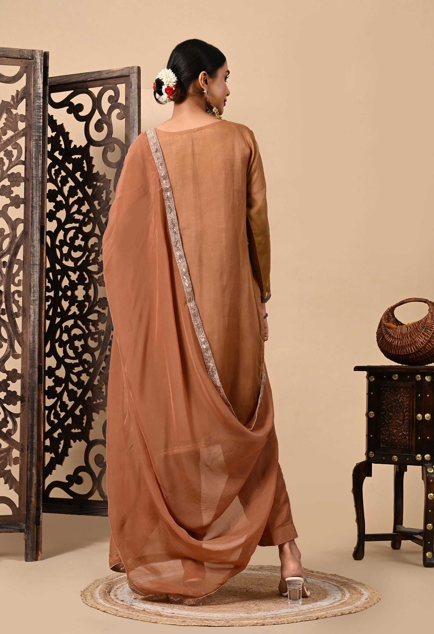 Greenish Brown Hue Kurta Set with Zardozi, Cutdana, and Pearl Work