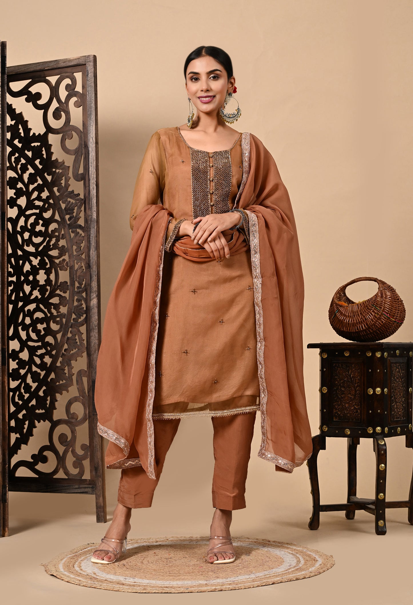 Greenish Brown Hue Kurta Set with Zardozi, Cutdana, and Pearl Work