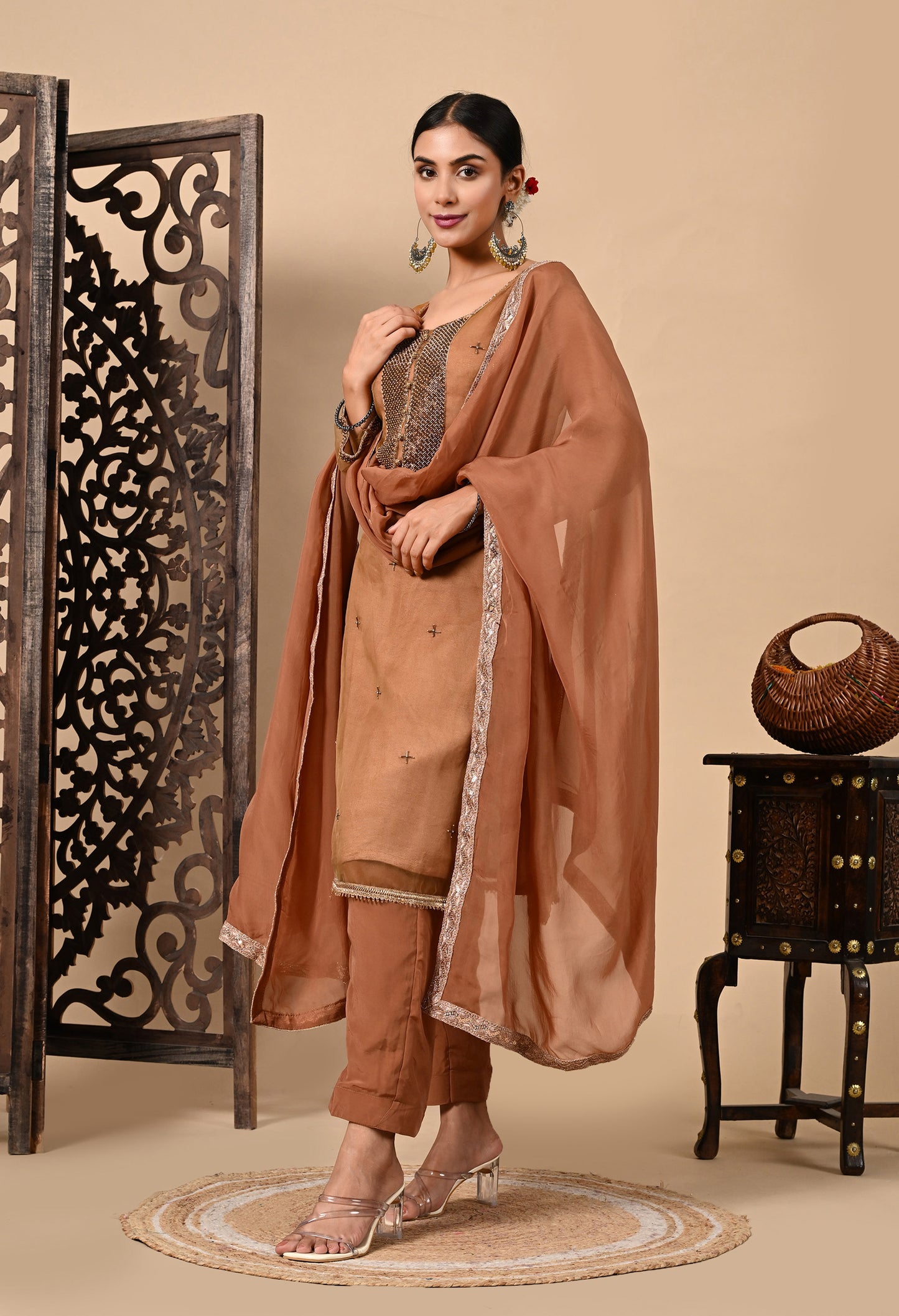 Greenish Brown Hue Kurta Set with Zardozi, Cutdana, and Pearl Work