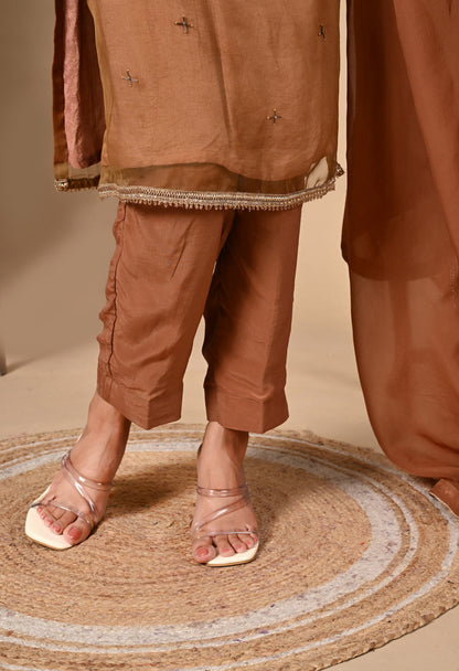 Greenish Brown Hue Kurta Set with Zardozi, Cutdana, and Pearl Work