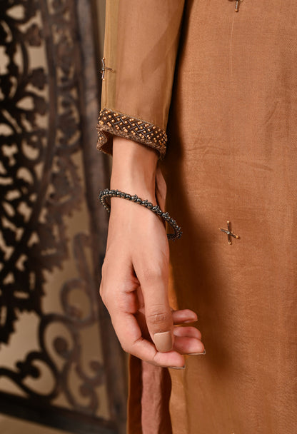 Greenish Brown Hue Kurta Set with Zardozi, Cutdana, and Pearl Work