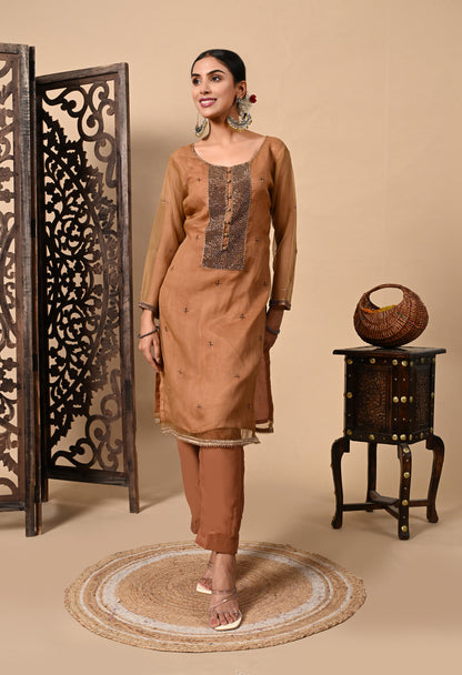 Greenish Brown Hue Kurta Set with Zardozi, Cutdana, and Pearl Work