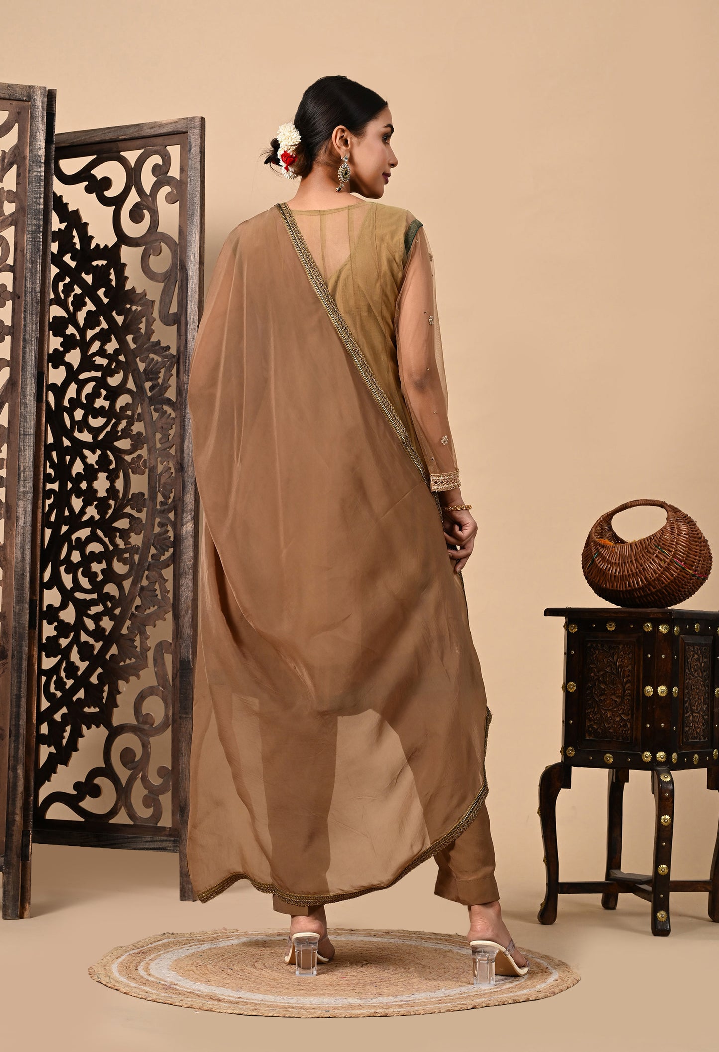 Greenish Brown Kurta Set with Zardozi, Dabka, Sequence, and Pearl Work