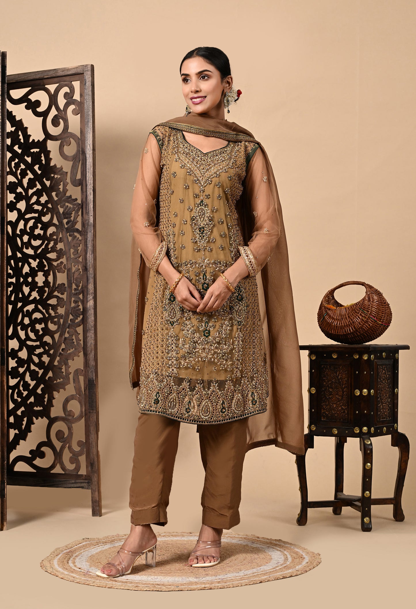 Greenish Brown Kurta Set with Zardozi, Dabka, Sequence, and Pearl Work