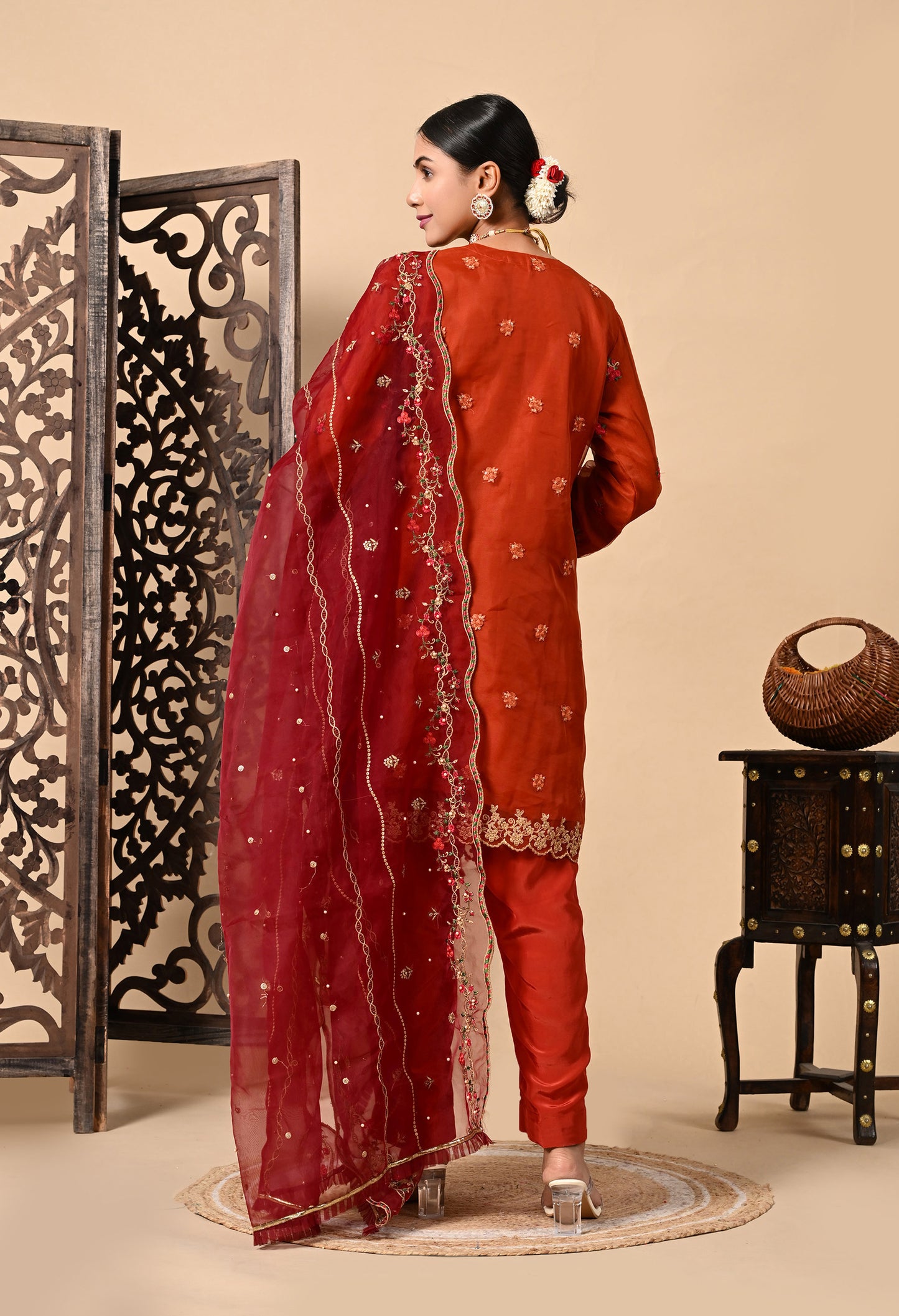 Lush Orange Maroon Kurta Set with Thread, Pearl, and Zardozi Work