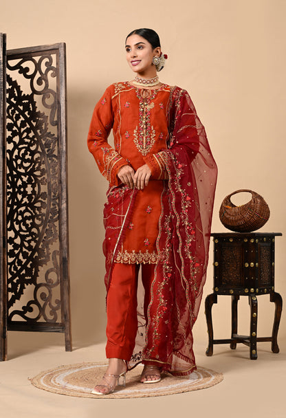 Lush Orange Maroon Kurta Set with Thread, Pearl, and Zardozi Work